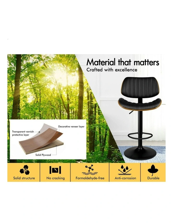 Wooden Leather Gas Lift Kitchen Swivel Bar Stool 1x in Black image 7