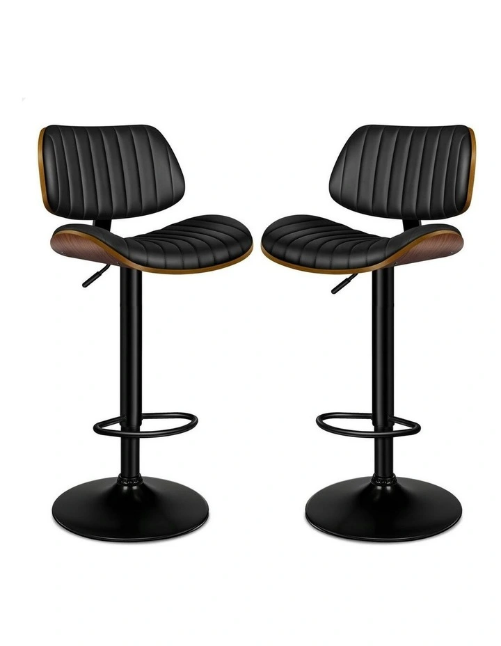 Wooden Leather Gas Lift Kitchen Swivel Bar Stools Set Of 2 in Black image 1