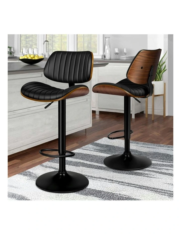 Wooden Leather Gas Lift Kitchen Swivel Bar Stools Set Of 2 in Black image 2