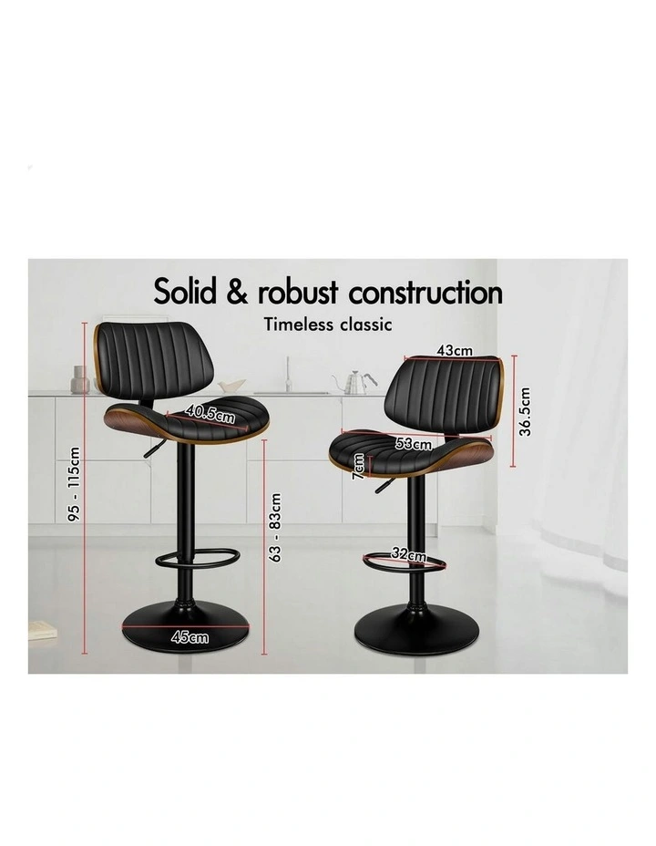 Wooden Leather Gas Lift Kitchen Swivel Bar Stools Set Of 2 in Black image 6