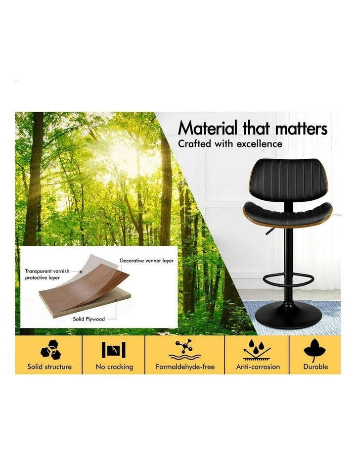 Wooden Leather Gas Lift Kitchen Swivel Bar Stools Set Of 2 in Black image 7