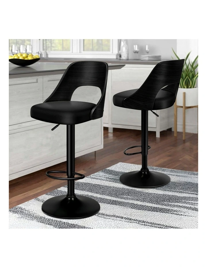 Wooden Leather Gas Lift Kitchen Swivel Bar Stool x 1 in All Black image 2