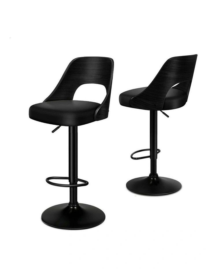 Wooden Leather Gas Lift Kitchen Swivel Bar Stools Set Of 2 in All Black image 1