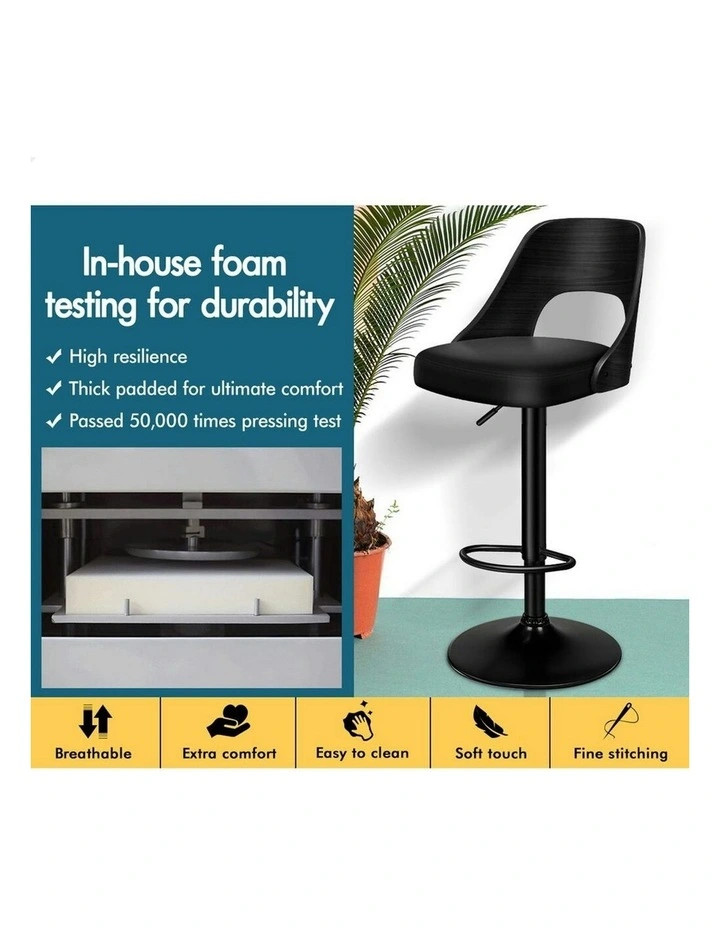 Wooden Leather Gas Lift Kitchen Swivel Bar Stools Set Of 2 in All Black image 5