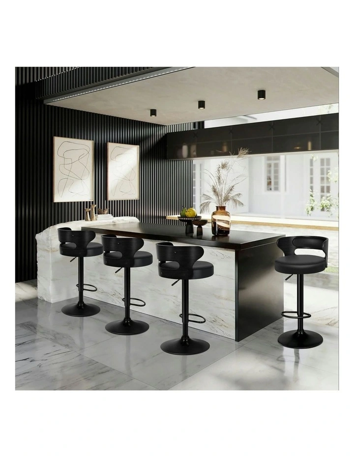 Wooden Leather Ramiro Kitchen Swivel Bar Stool Set Of 2 in All Black image 3