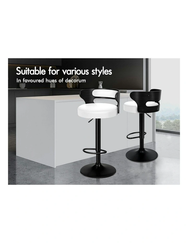 Wooden Leather Gas Lift Ramiro Kitchen Swivel Bar Stools Set Of 2 in White image 2