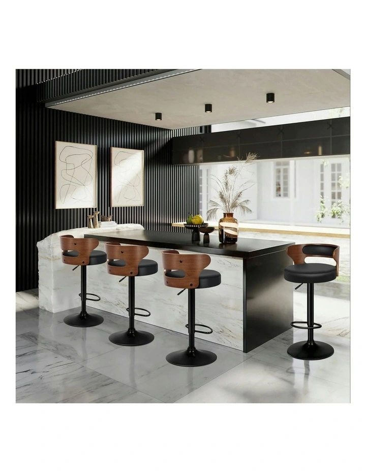 Wooden Leather Gas Lift Ramiro Kitchen Swivel Bar Stool Set Of 2 in Black image 3