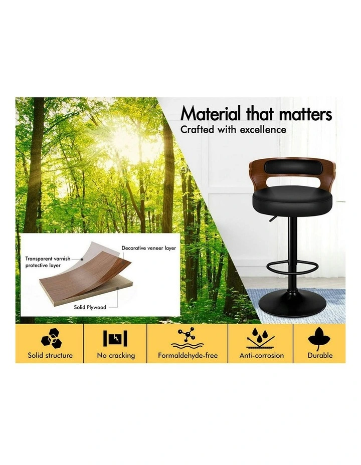 Wooden Leather Gas Lift Ramiro Kitchen Swivel Bar Stool Set Of 2 in Black image 5