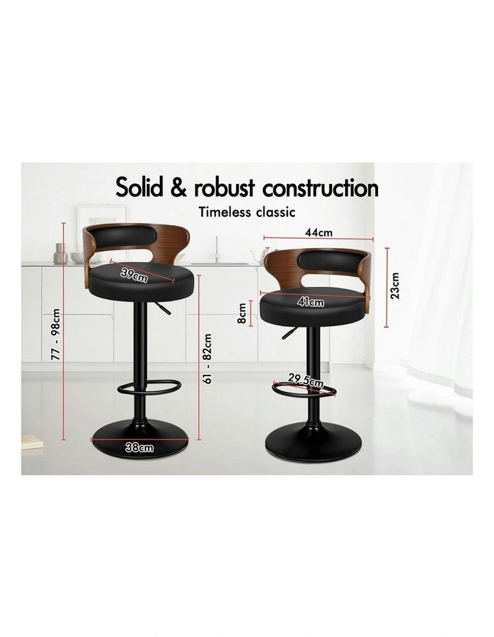 Wooden Leather Gas Lift Ramiro Kitchen Swivel Bar Stool Set Of 2 in Black image 7