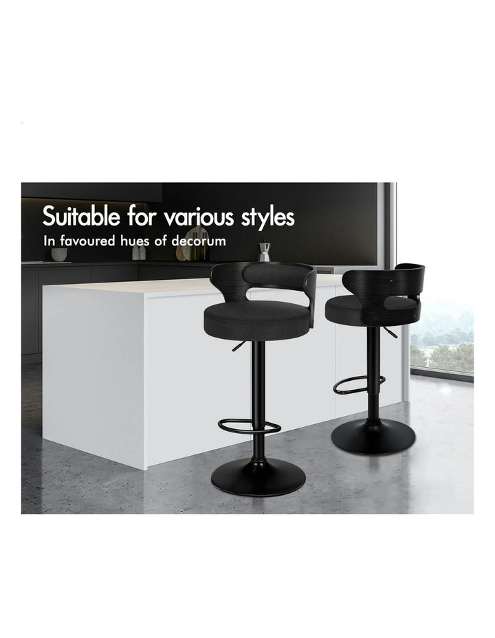 Wooden Linen Fabric Ramiro Kitchen Swivel Bar Stool Set Of 2 in All Black image 3