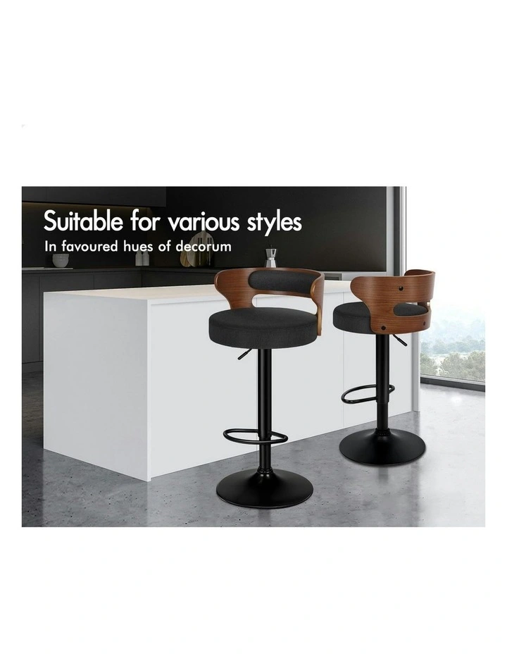 Wooden Linen Fabric Ramiro Kitchen Swivel Bar Stool Set Of 2 in Black image 3