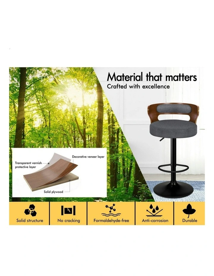 Wooden Linen Fabric Ramiro Kitchen Swivel Bar Stool Set Of 2 in Grey image 4