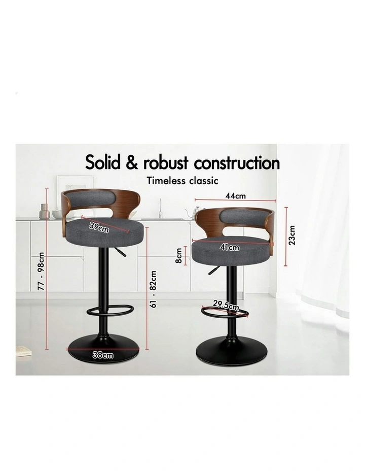 Wooden Linen Fabric Ramiro Kitchen Swivel Bar Stool Set Of 2 in Grey image 6