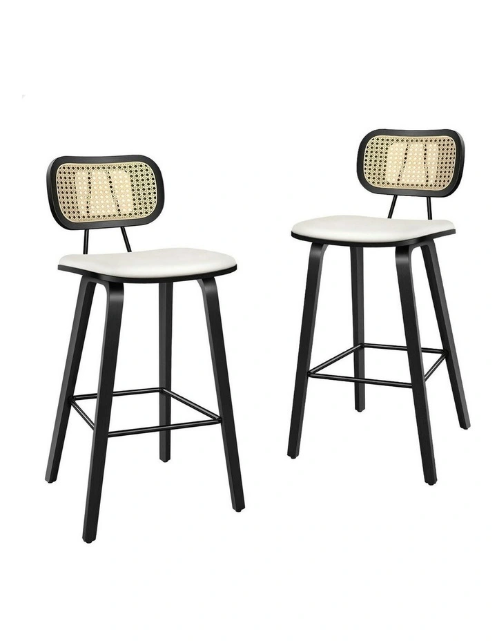 Kitchen Vintage Leather Seat Rattan Bar Stools Set Of 2 in Multi image 1