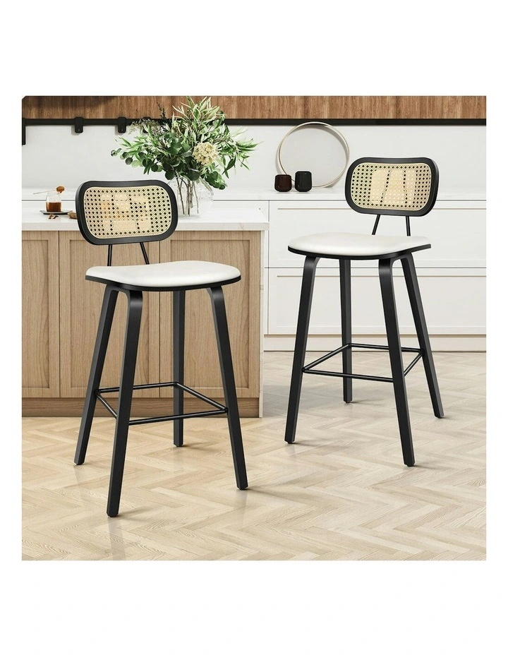 Kitchen Vintage Leather Seat Rattan Bar Stools Set Of 2 in Multi image 2
