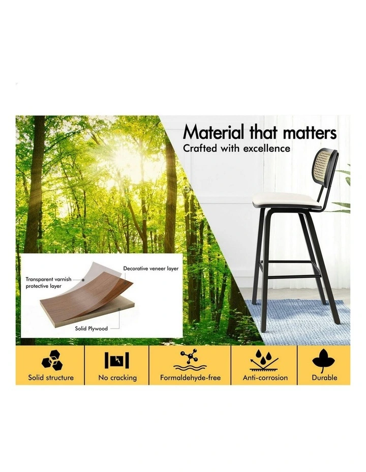 Kitchen Vintage Leather Seat Rattan Bar Stools Set Of 2 in Multi image 5