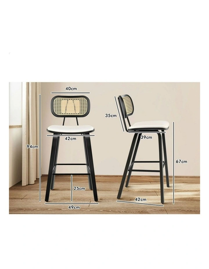 Kitchen Vintage Leather Seat Rattan Bar Stools Set Of 2 in Multi image 7