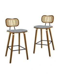 Kitchen Vintage Fabric Seat Rattan Bar Stools Set Of 2 in Wooden Grey