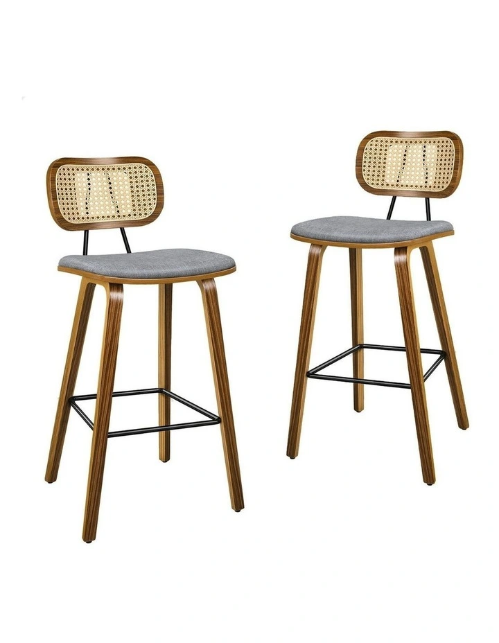 Kitchen Vintage Fabric Seat Rattan Bar Stools Set Of 2 in Wooden Grey image 1