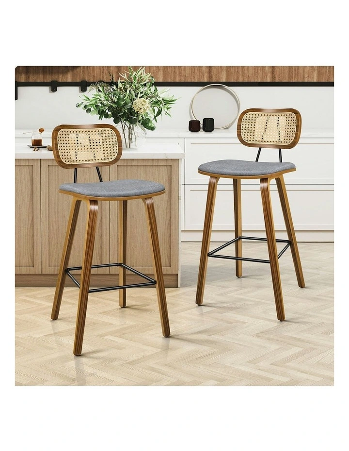 Kitchen Vintage Fabric Seat Rattan Bar Stools Set Of 2 in Wooden Grey image 2