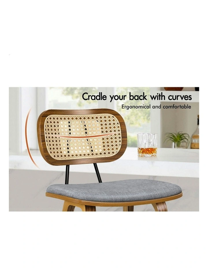 Kitchen Vintage Fabric Seat Rattan Bar Stools Set Of 2 in Wooden Grey image 3