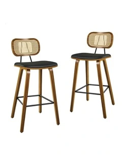 Kitchen Vintage Leather Seat Rattan Bar Stools Set Of 2 in Wooden Black