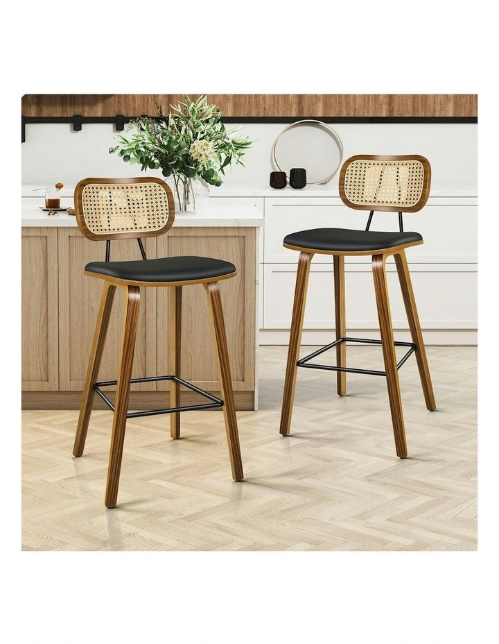 Kitchen Vintage Leather Seat Rattan Bar Stools Set Of 2 in Wooden Black image 2