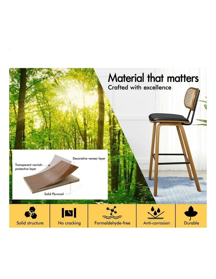 Kitchen Vintage Leather Seat Rattan Bar Stools Set Of 2 in Wooden Black image 4