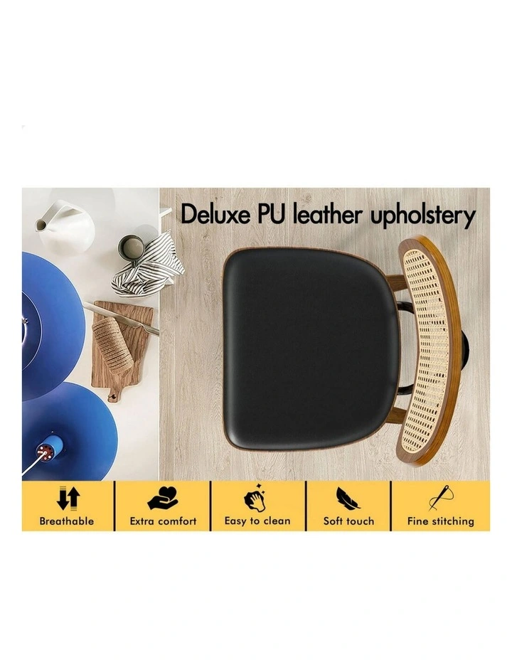 Kitchen Vintage Leather Seat Rattan Bar Stools Set Of 2 in Wooden Black image 7