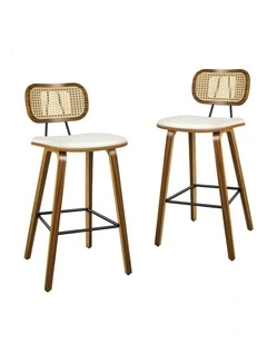 Kitchen Vintage Leather Seat Rattan Bar Stools Set Of 2 in Wooden White