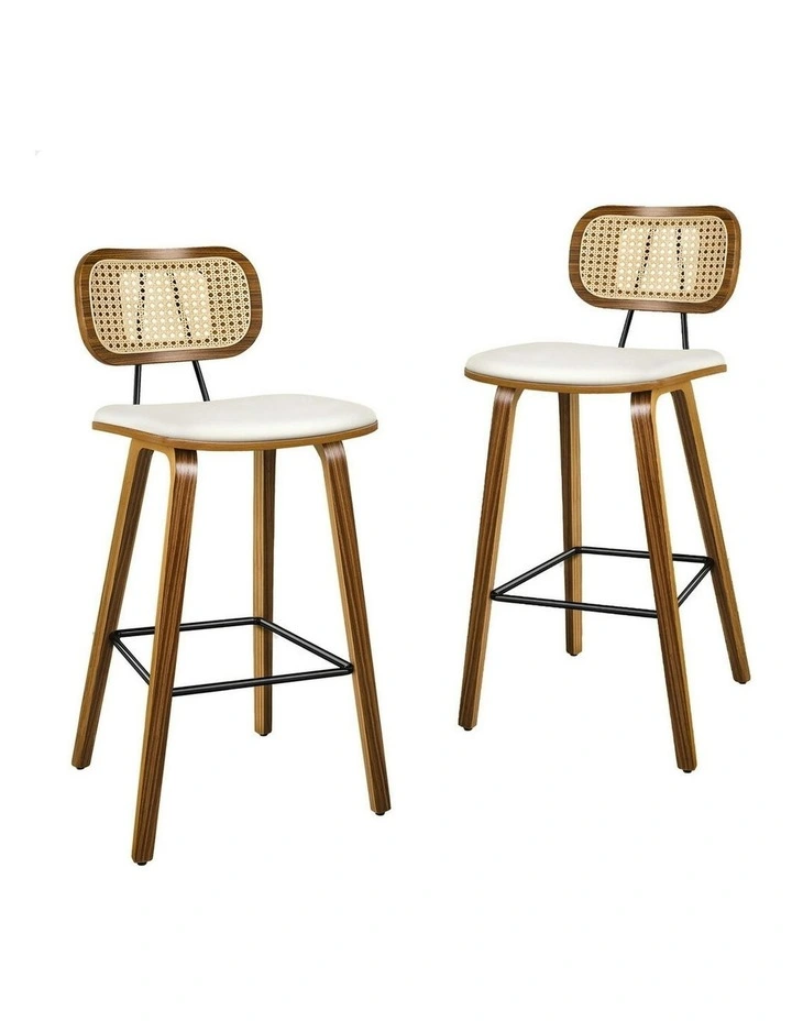 Kitchen Vintage Leather Seat Rattan Bar Stools Set Of 2 in Wooden White image 1