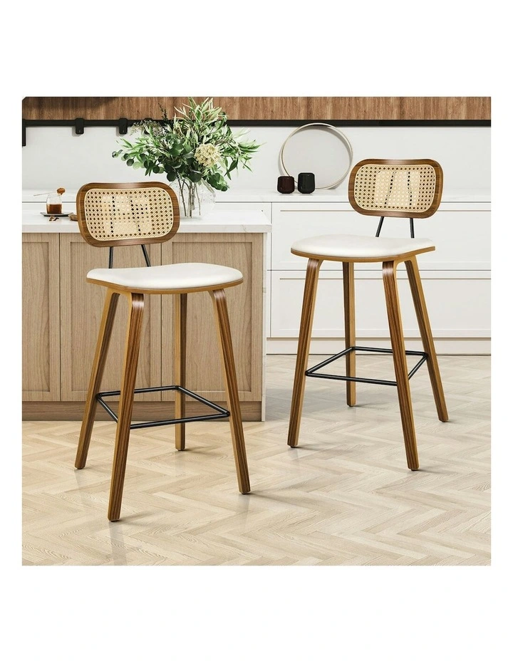Kitchen Vintage Leather Seat Rattan Bar Stools Set Of 2 in Wooden White image 2