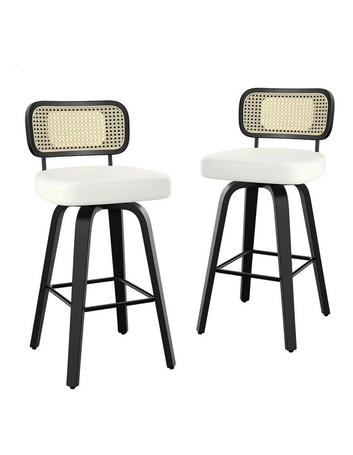 Kitchen Vintage Leather Seat Rattan Bar Stools Set Of 2 in Multi image 1