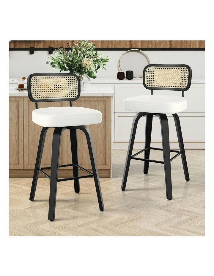 Kitchen Vintage Leather Seat Rattan Bar Stools Set Of 2 in Multi image 2