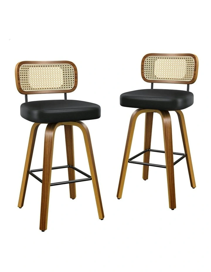 Kitchen Vintage Leather Seat Rattan Bar Stools Set Of 2 in Black image 1