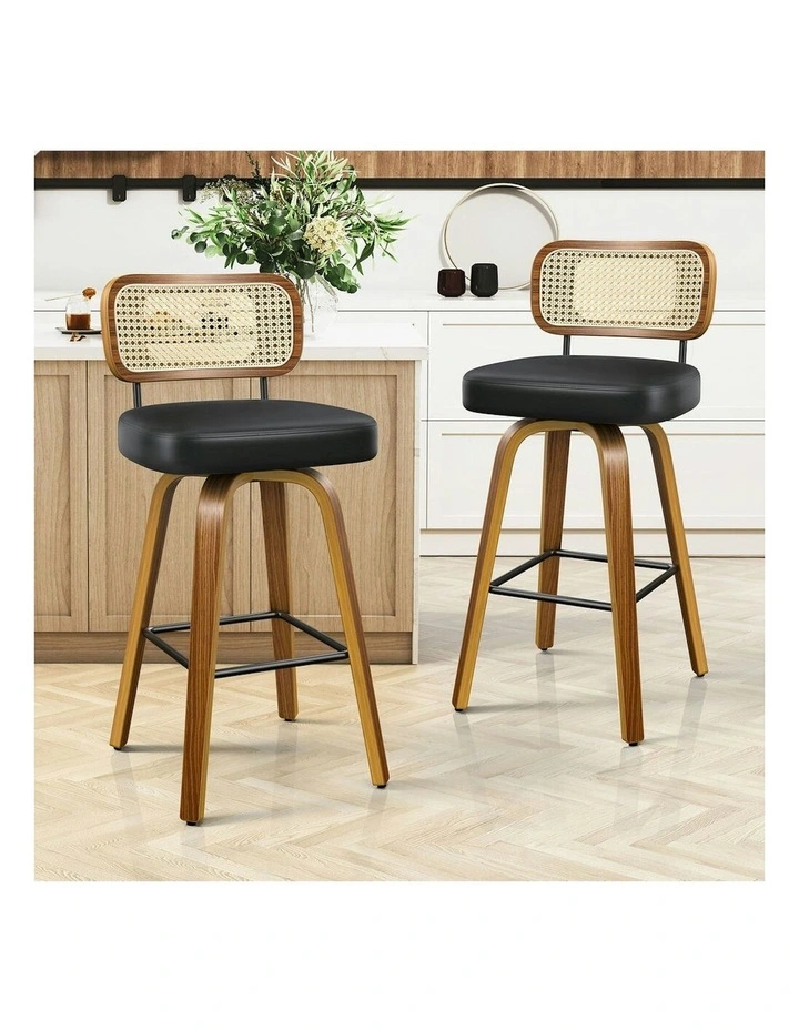 Kitchen Vintage Leather Seat Rattan Bar Stools Set Of 2 in Black image 2