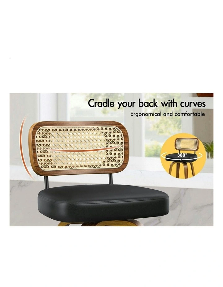 Kitchen Vintage Leather Seat Rattan Bar Stools Set Of 2 in Black image 3