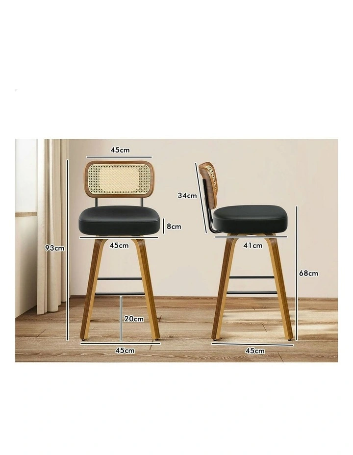 Kitchen Vintage Leather Seat Rattan Bar Stools Set Of 2 in Black image 6