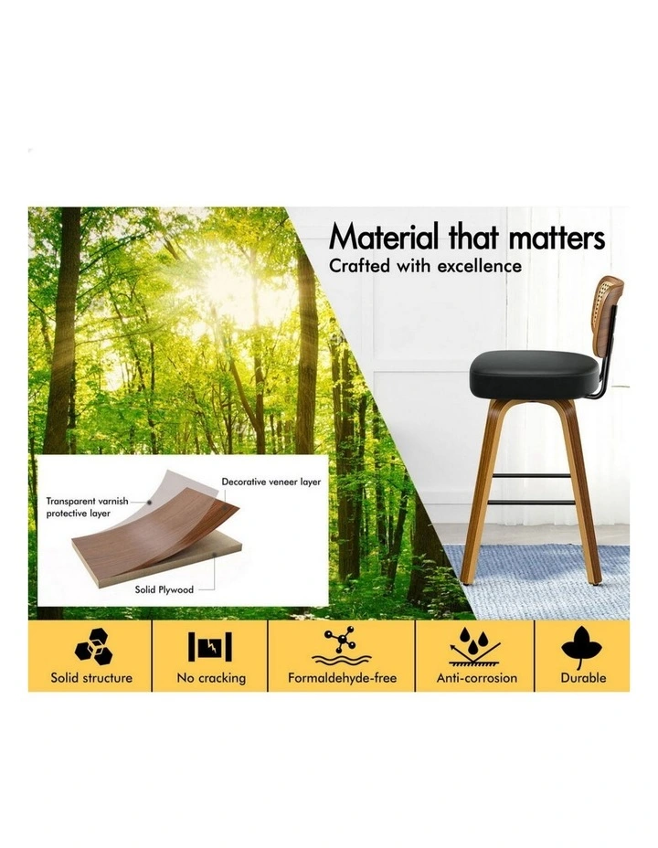 Kitchen Vintage Leather Seat Rattan Bar Stools Set Of 2 in Black image 7