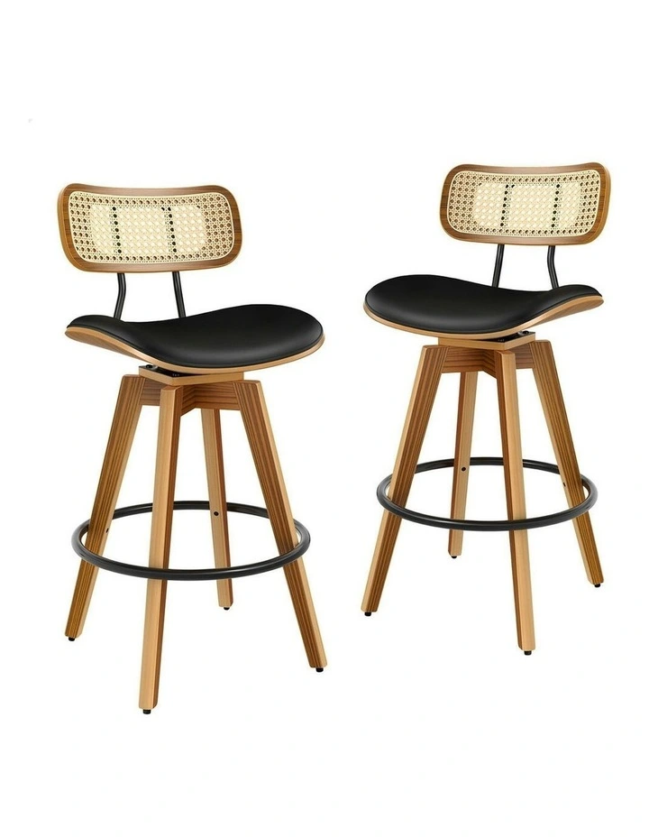 Kitchen Vintage Leather Seat Rattan Bar Stools Set Of 2 in Black image 1
