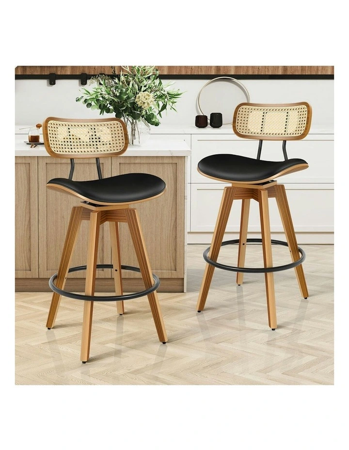 Kitchen Vintage Leather Seat Rattan Bar Stools Set Of 2 in Black image 2