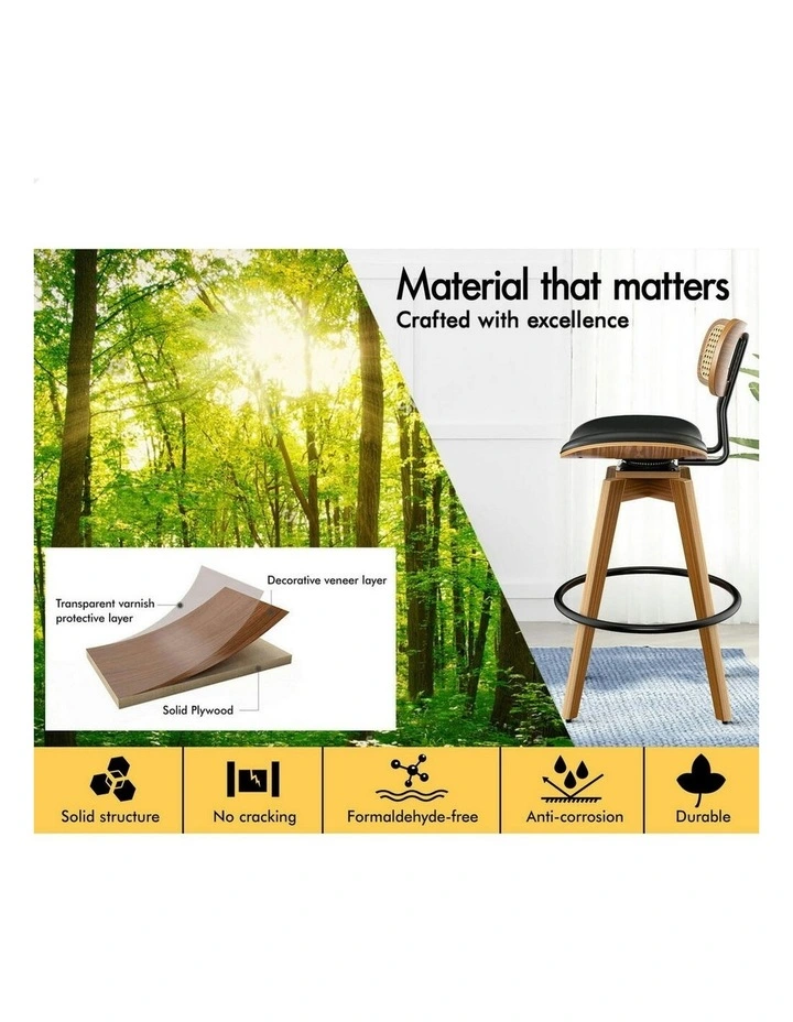 Kitchen Vintage Leather Seat Rattan Bar Stools Set Of 2 in Black image 4