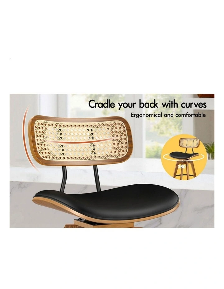 Kitchen Vintage Leather Seat Rattan Bar Stools Set Of 2 in Black image 7