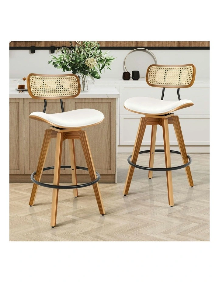 Kitchen Vintage Leather Seat Rattan Bar Stools Set Of 2 in White image 2