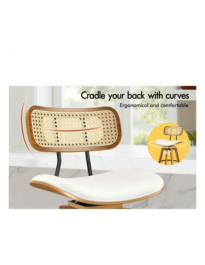 Kitchen Vintage Leather Seat Rattan Bar Stools Set Of 2 in White image 3