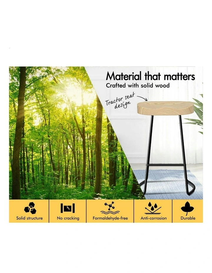 Wooden Tractor Kitchen Vintage Bar Stools Set Of 2 65cm in Natural image 5