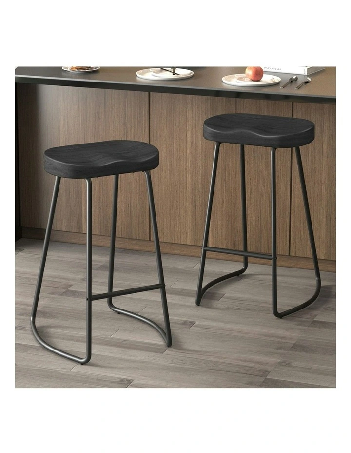 Wooden Tractor Kitchen Vintage Bar Stools Set Of 2 75cm in Black image 2