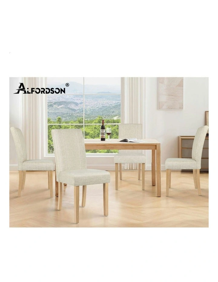 Retro High-Back Wood Fabric Dining Chairs 2x in Beige image 7