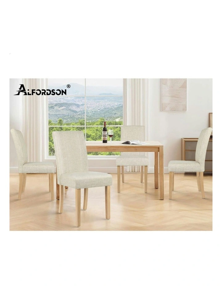 Retro High-Back Wood Fabric Dining Chairs 4x in Beige image 7