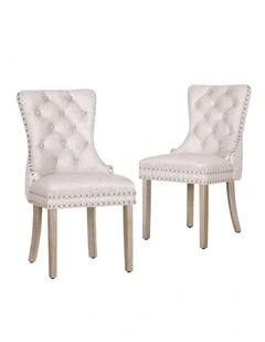 Retro Button Tufted Wooden Fabric Dining Chair 2x in Beige
